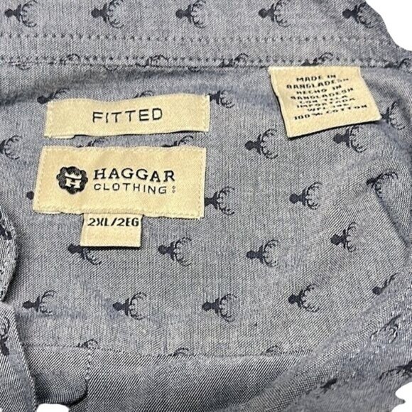 Haggar Button Up Shirt Blue Antlers Fitted Shirt Deer Pattern Long Sleeve XXL - Picture 3 of 3